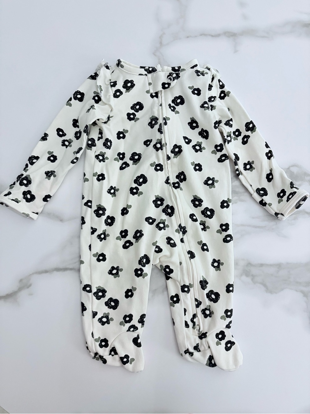 White Floral Print Long-Sleeve Baby One-Piece